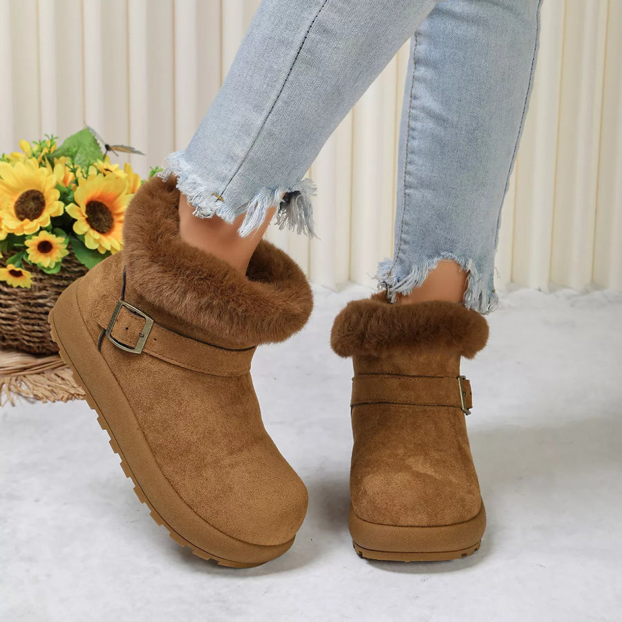 Round Toe Fuzzy Boots Camel / 35 Apparel and Accessories