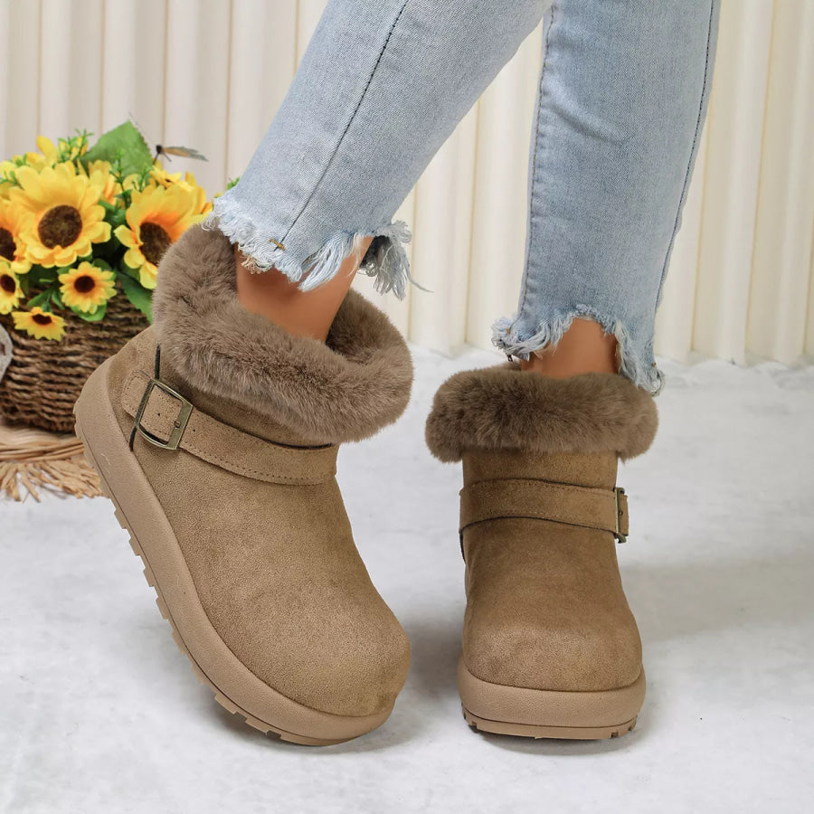 Round Toe Fuzzy Boots Khaki / 35 Apparel and Accessories