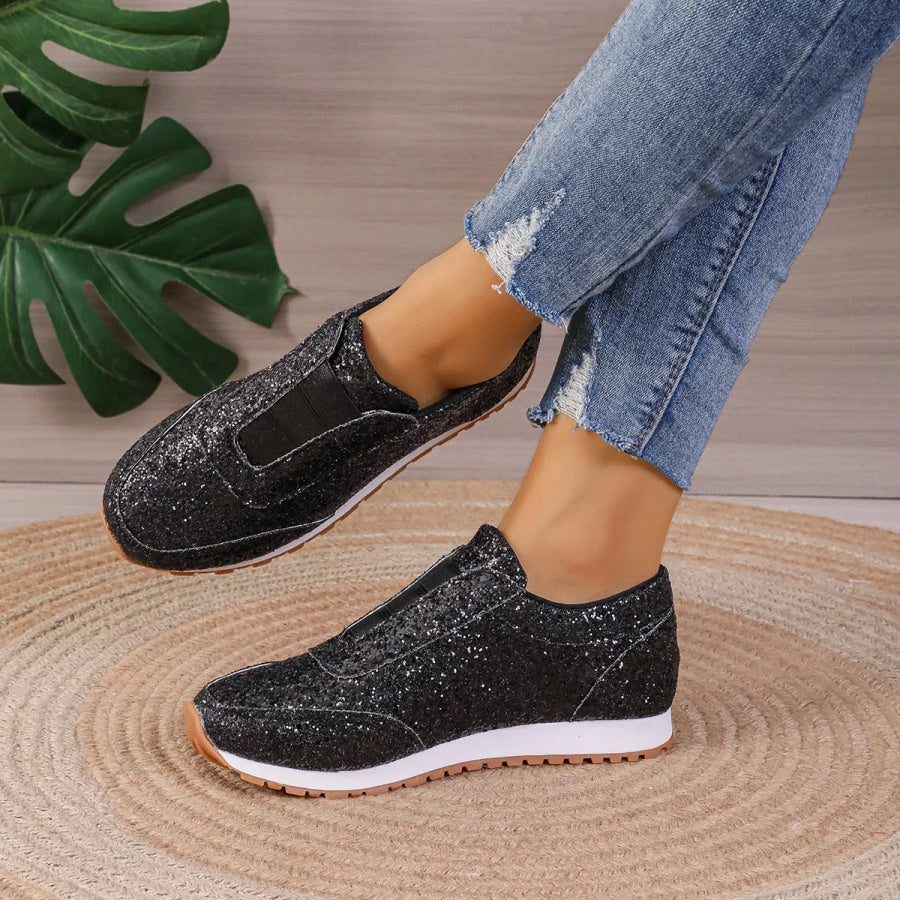 Round Toe Glitter Slip-Ons Black / 35 Apparel and Accessories