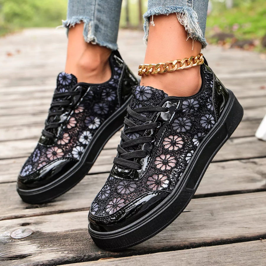Round Toe Lace Sneakers Black / 36 Apparel and Accessories