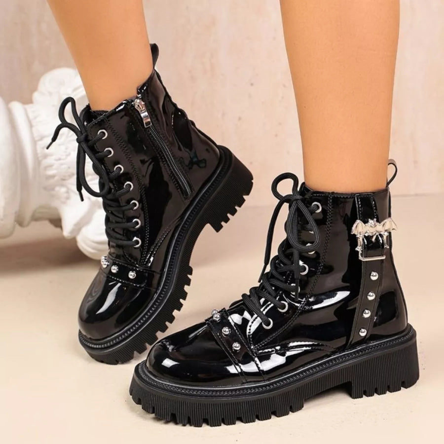 Round Toe Lace Up Boots Black / 35 Apparel and Accessories