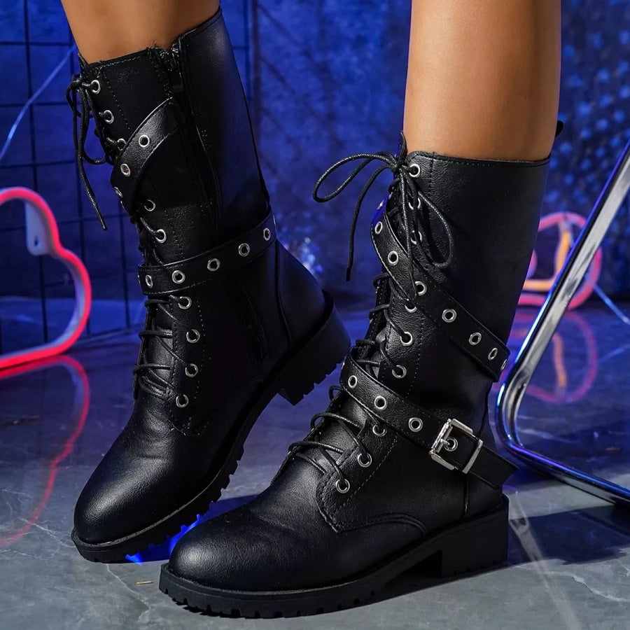 Round Toe Lace Up Boots Black / 35 Apparel and Accessories