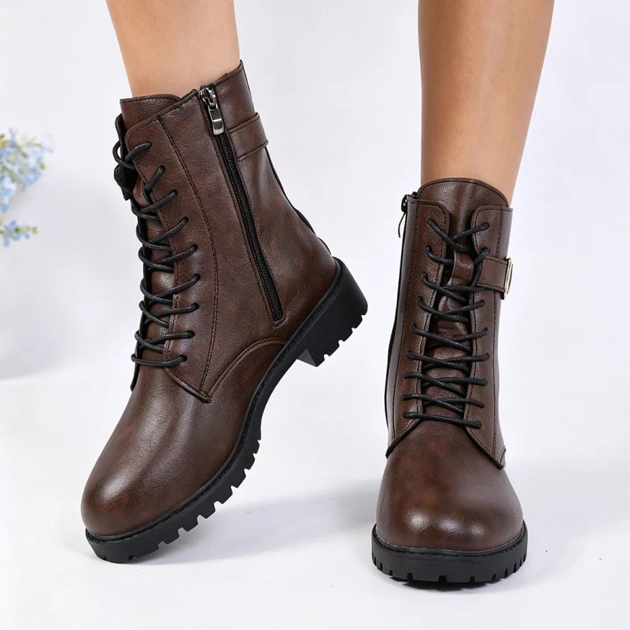 Round Toe Lace Up Boots Coffee Brown / 35 Apparel and Accessories