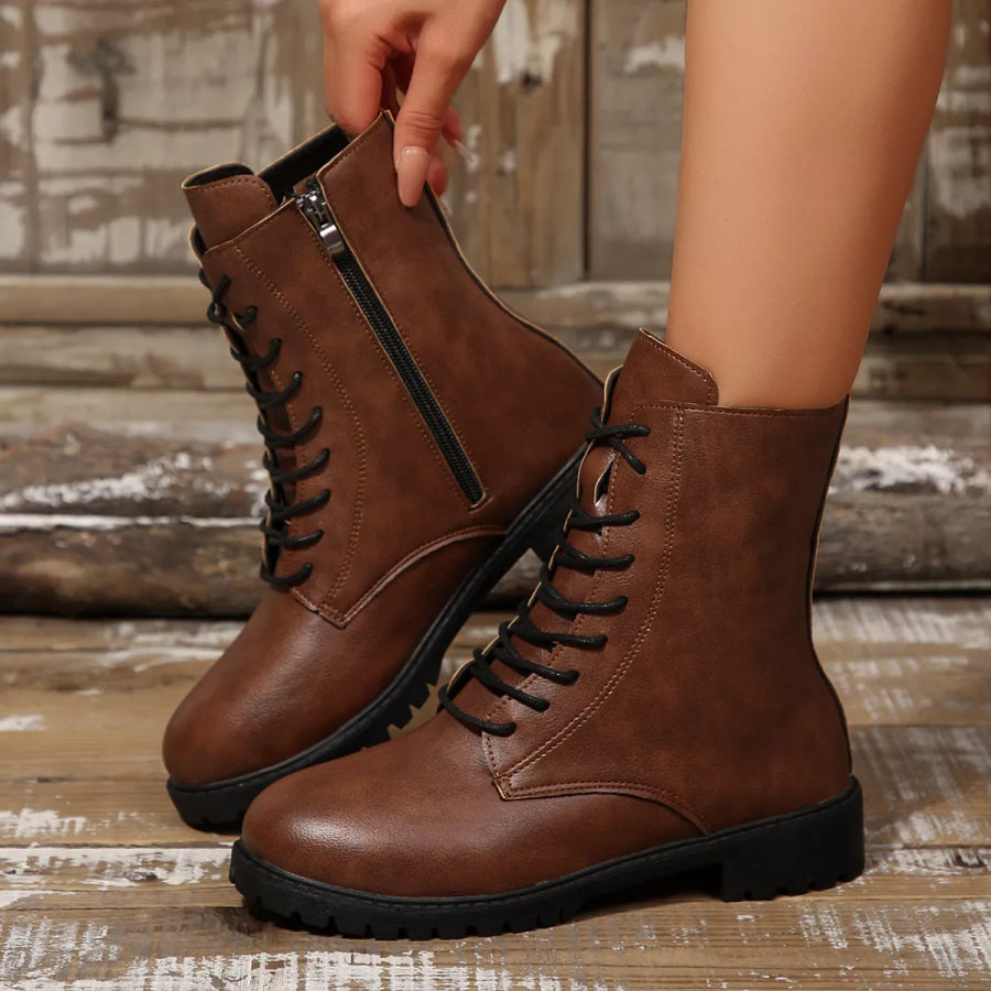 Round Toe Lace Up Boots Dark Brown / 35 Apparel and Accessories