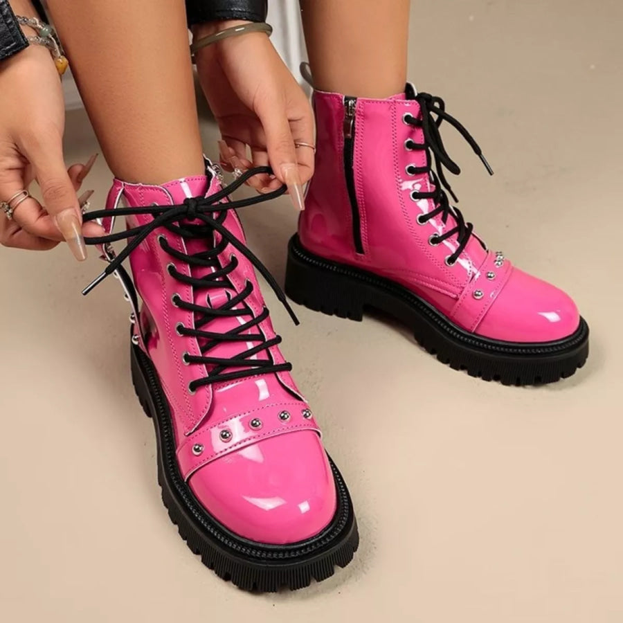 Round Toe Lace Up Boots Fuchsia Pink / 35 Apparel and Accessories