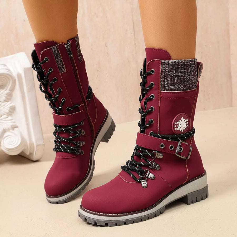 Round Toe Lace Up Boots Red / 35 Apparel and Accessories