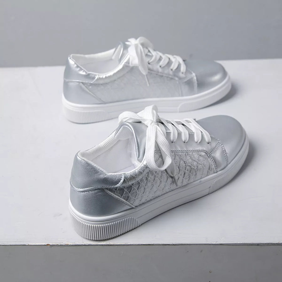 Round Toe Lace Up Sneakers Silver / 36 Apparel and Accessories