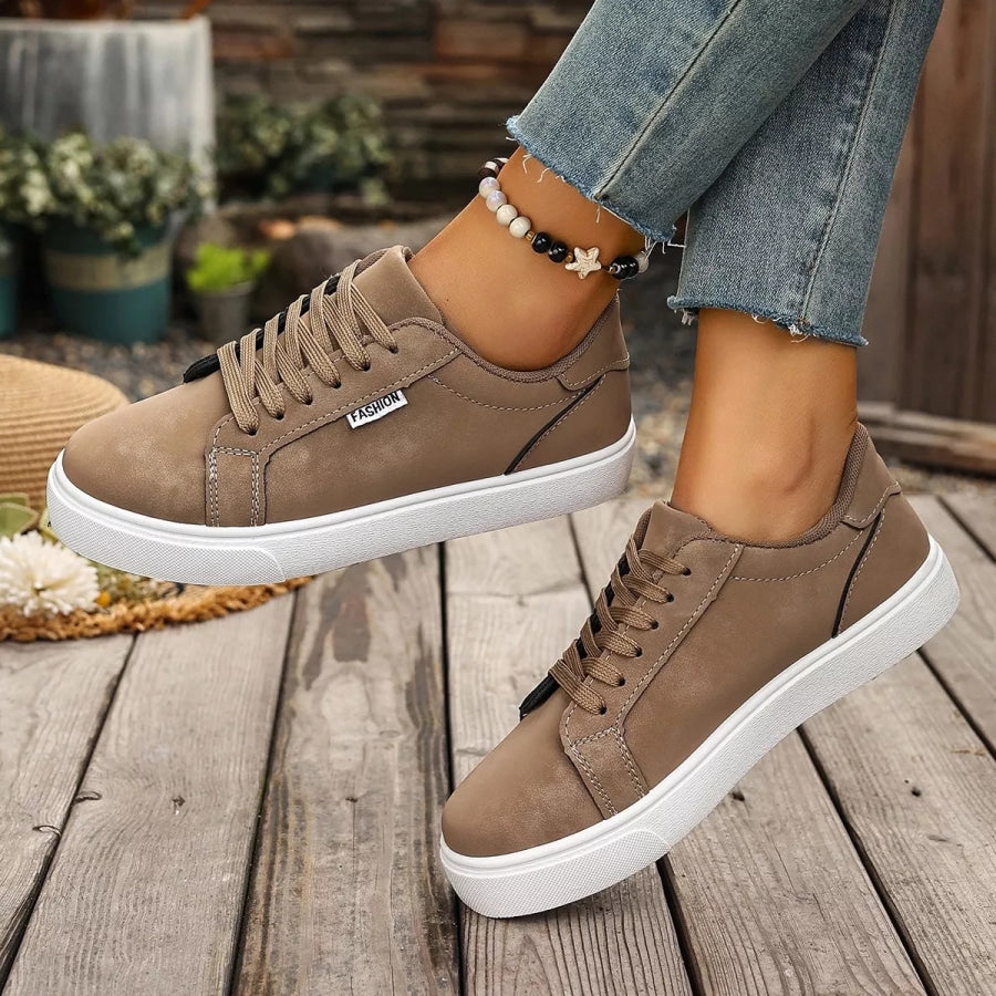 Round Toe Lace Up Sneakers Khaki / 35 Apparel and Accessories
