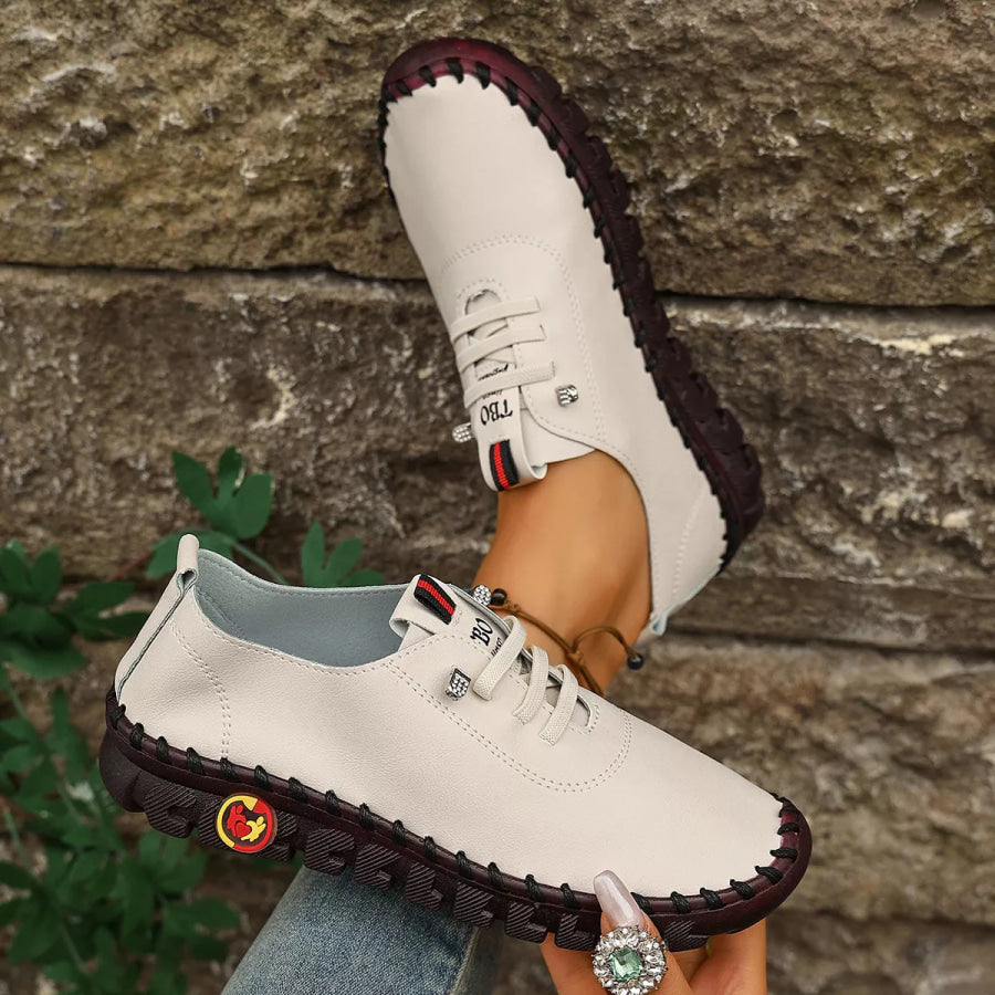 Round Toe Lace Up Sneakers Beige / 35 Apparel and Accessories