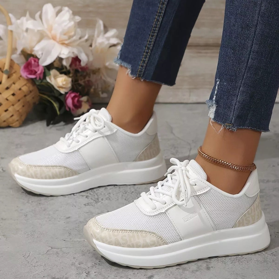 Round Toe Lace Up Sneakers Beige / 35 Apparel and Accessories