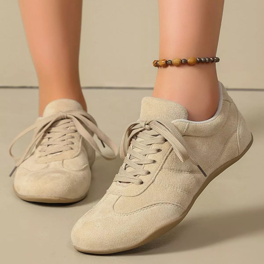 Round Toe Lace Up Sneakers Beige / 36 Apparel and Accessories