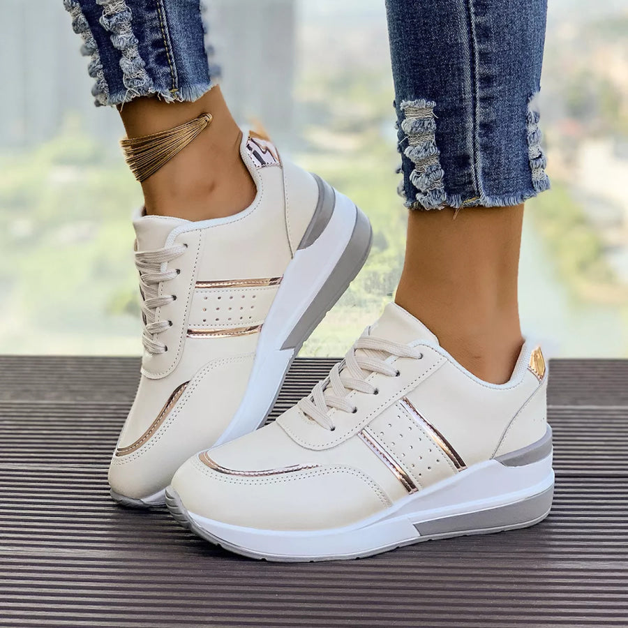 Round Toe Lace Up Sneakers Beige / 36 Apparel and Accessories
