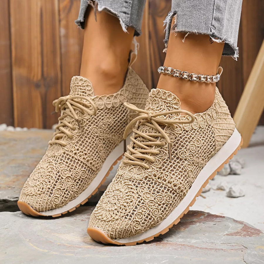 Round Toe Lace Up Sneakers Beige / 36 Apparel and Accessories