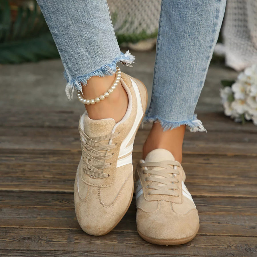 Round Toe Lace Up Sneakers Beige / 36 Apparel and Accessories