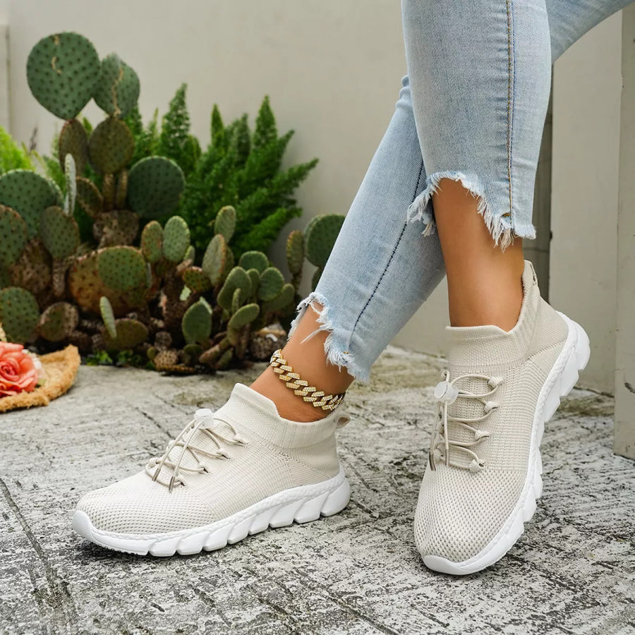 Round Toe Lace Up Sneakers Beige / 36 Apparel and Accessories