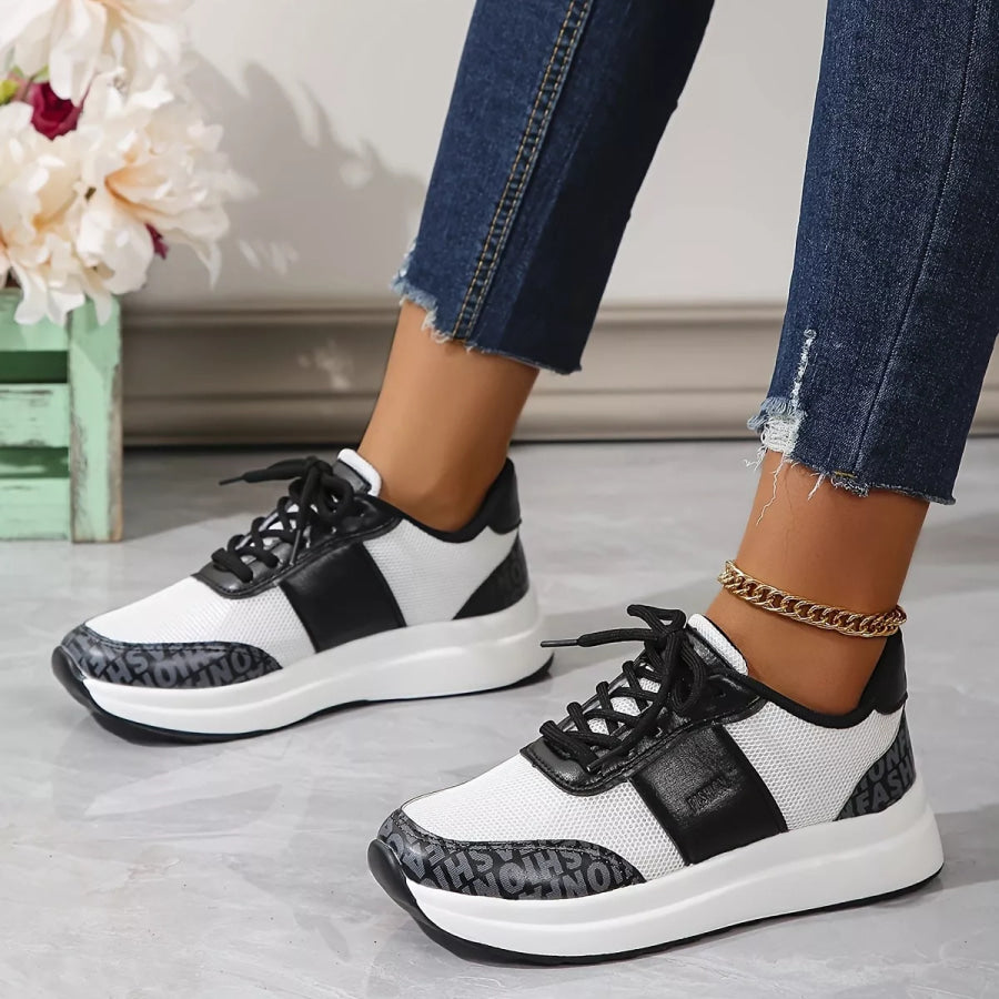 Round Toe Lace Up Sneakers Black / 35 Apparel and Accessories
