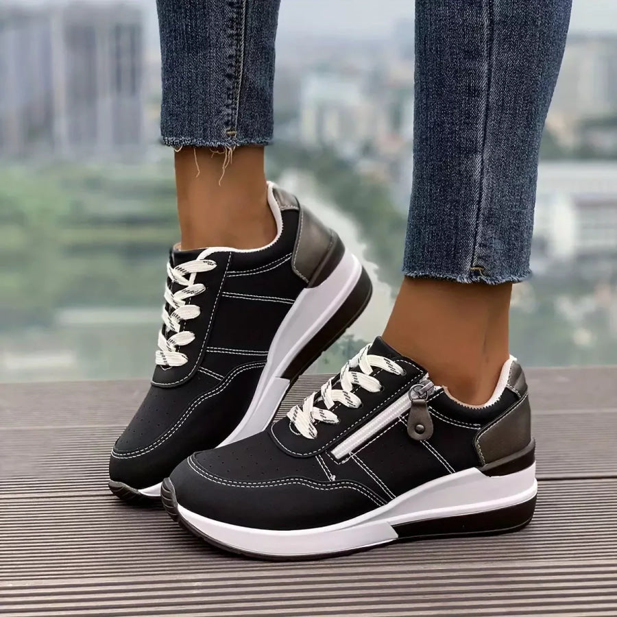 Round Toe Lace Up Sneakers Black / 36 Apparel and Accessories