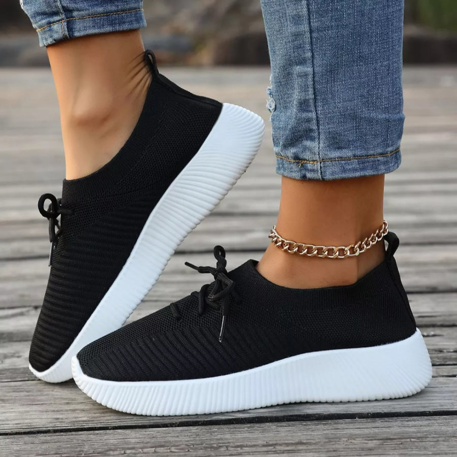 Round Toe Lace Up Sneakers Black / 36 Apparel and Accessories