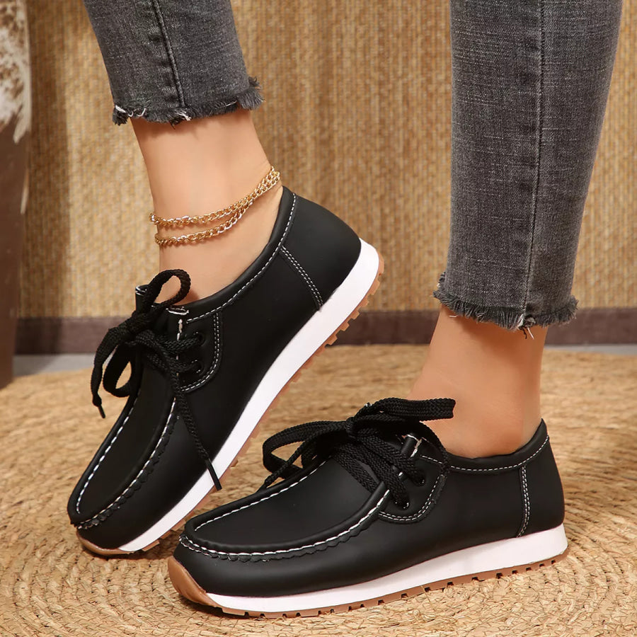 Round Toe Lace Up Sneakers Black / 36 Apparel and Accessories