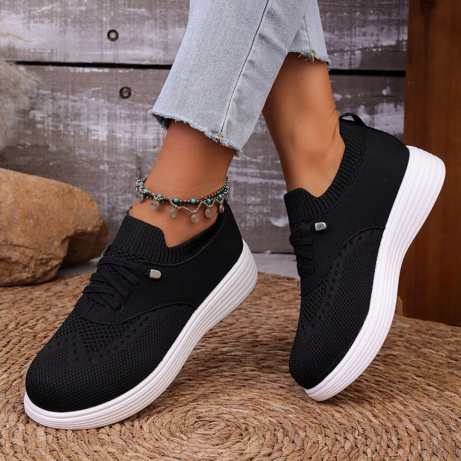 Round Toe Lace Up Sneakers Black / 36 Apparel and Accessories