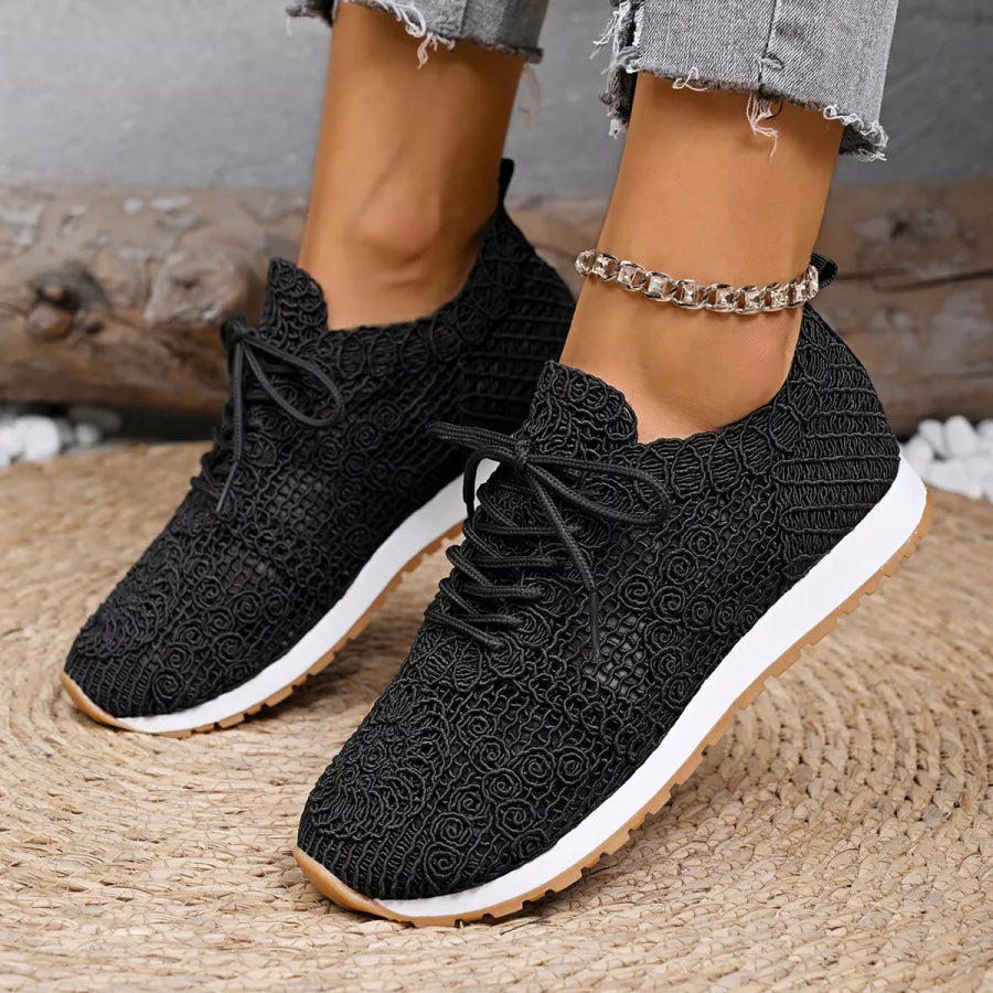 Round Toe Lace Up Sneakers Black / 36 Apparel and Accessories