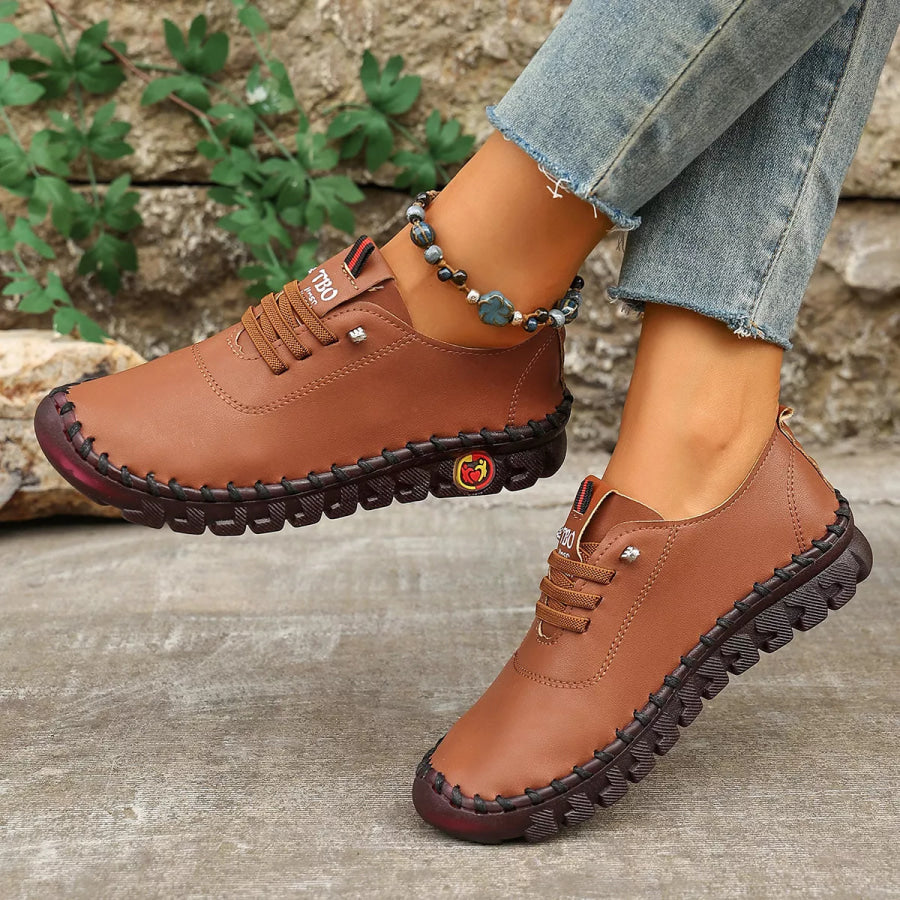 Round Toe Lace Up Sneakers Brown / 35 Apparel and Accessories