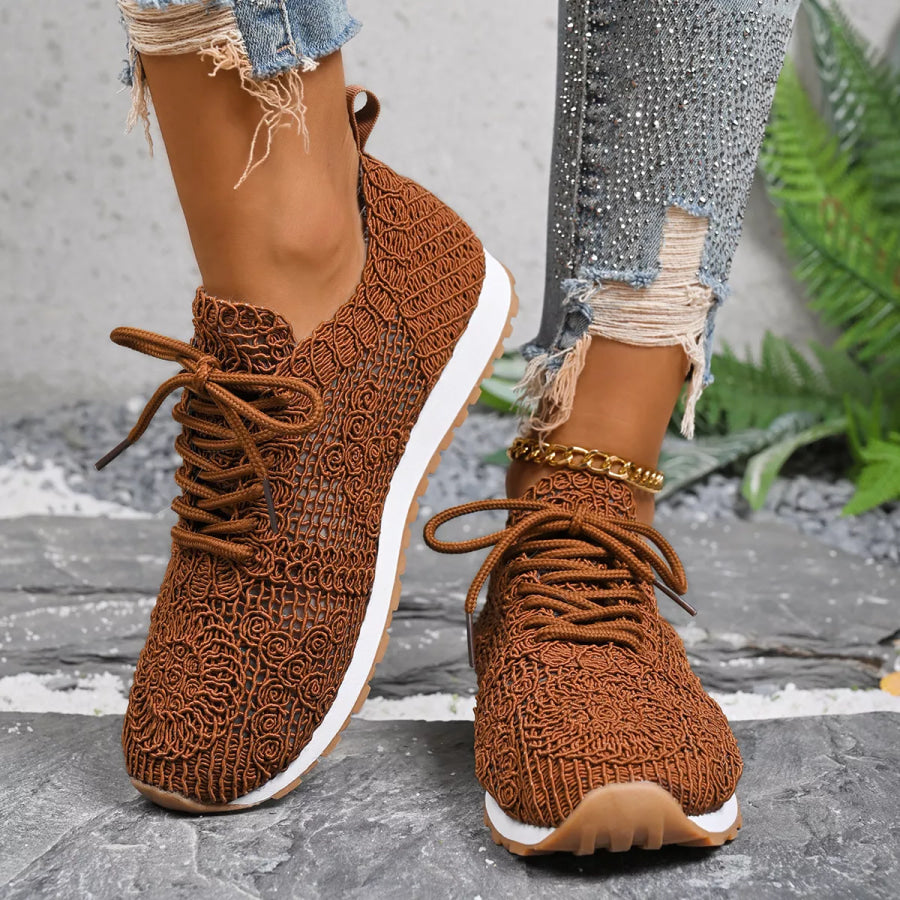 Round Toe Lace Up Sneakers Brown / 36 Apparel and Accessories