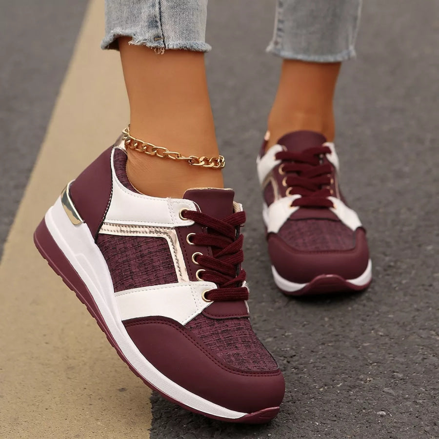 Round Toe Lace Up Sneakers Burgundy / 37 Apparel and Accessories