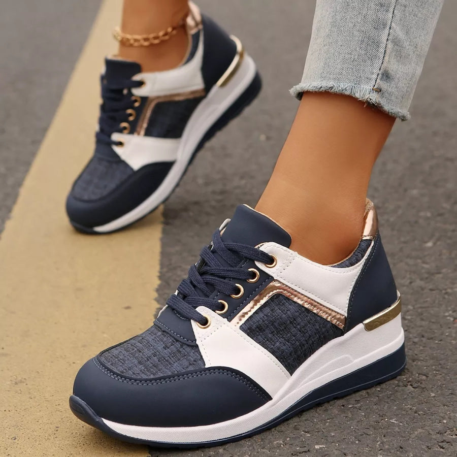 Round Toe Lace Up Sneakers Dark Blue / 37 Apparel and Accessories