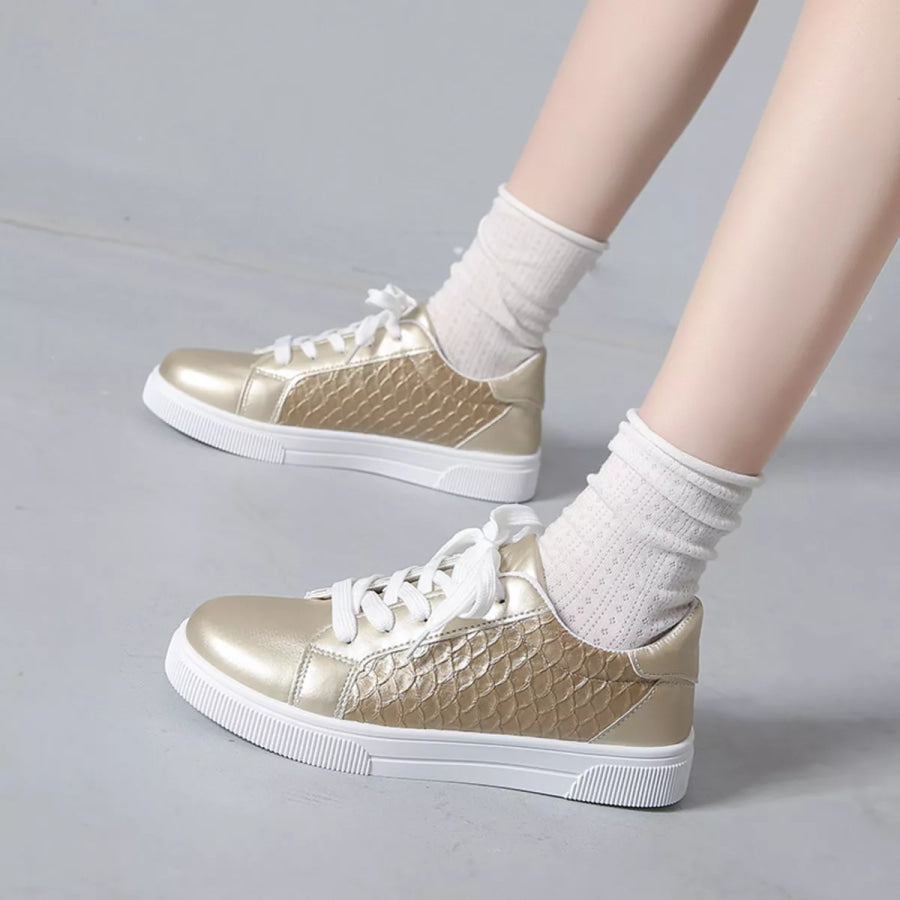 Round Toe Lace Up Sneakers Gold / 36 Apparel and Accessories