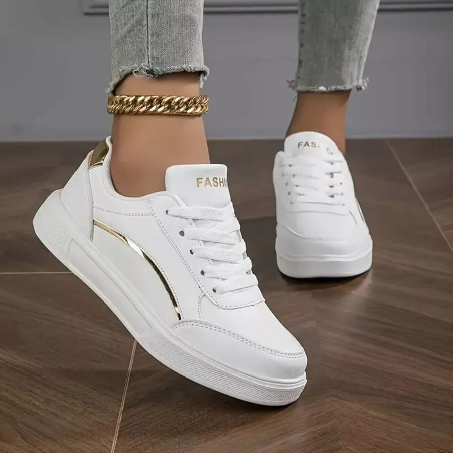 Round Toe Lace Up Sneakers Gold / 36 Apparel and Accessories