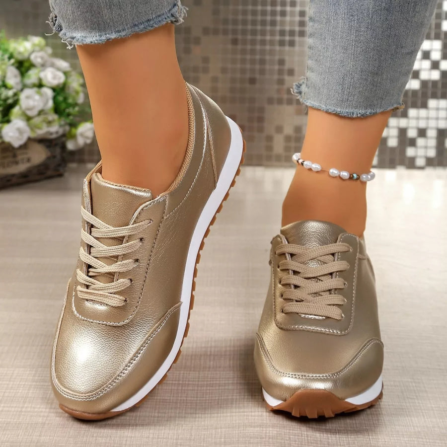 Round Toe Lace Up Sneakers Gold / 36 Apparel and Accessories