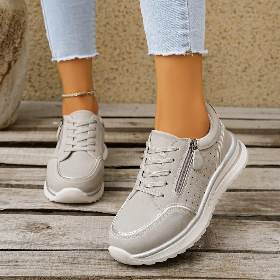 Round Toe Lace Up Sneakers Gray / 36 Apparel and Accessories
