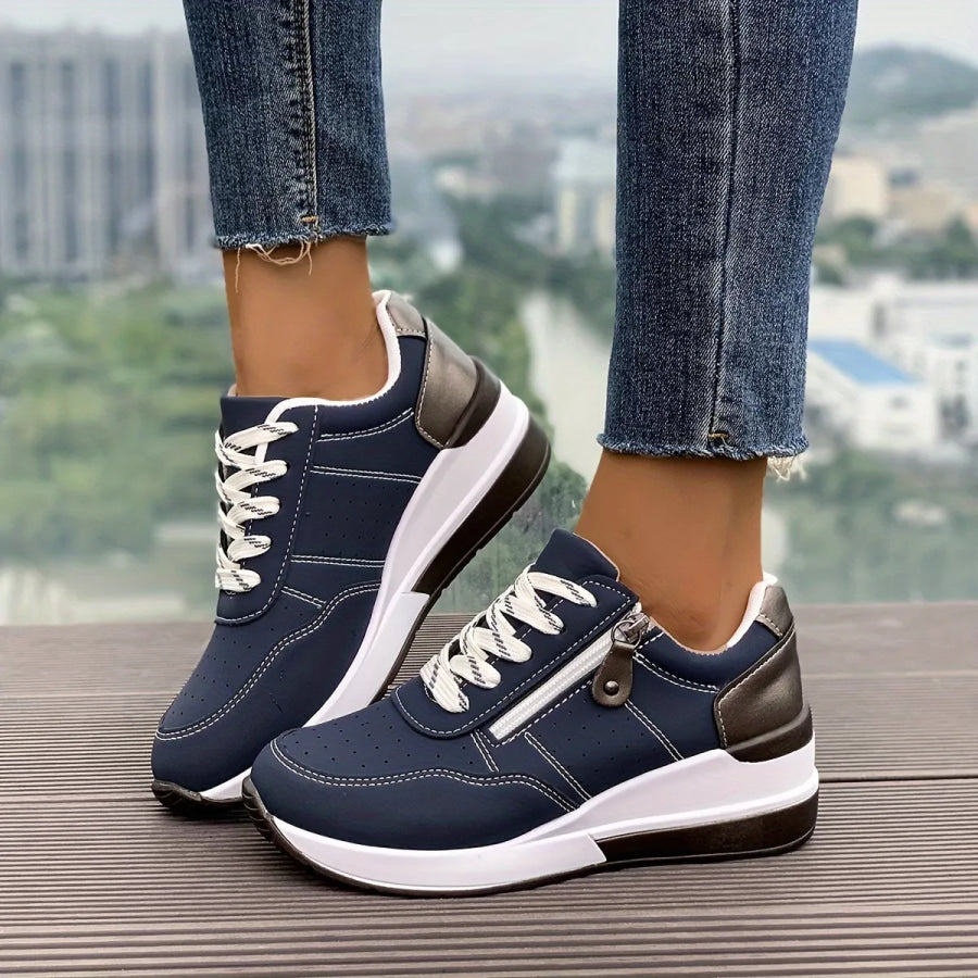 Round Toe Lace Up Sneakers Gray / 36 Apparel and Accessories