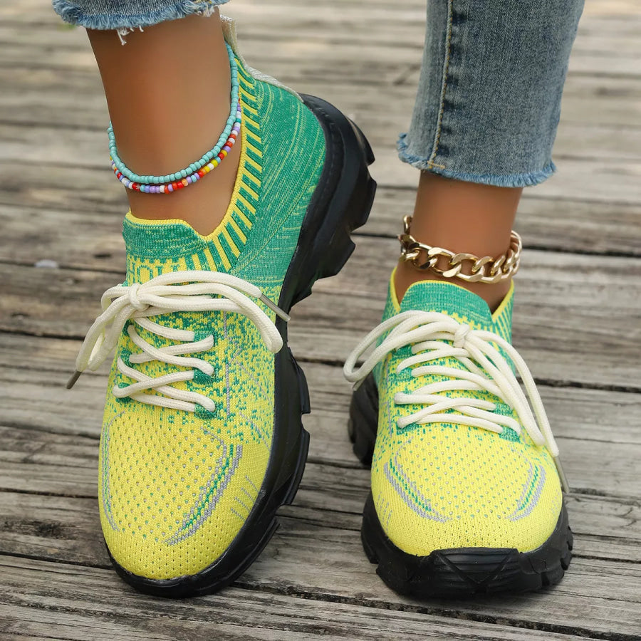 Round Toe Lace Up Sneakers Green / 35 Apparel and Accessories