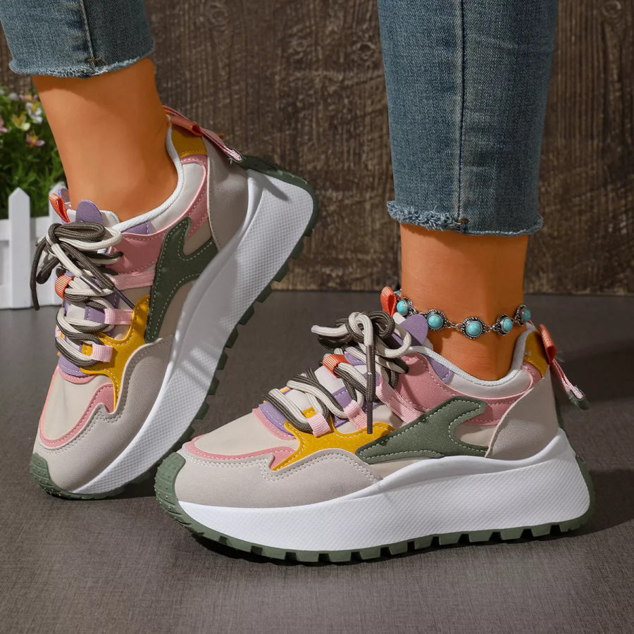Round Toe Lace Up Sneakers Green / 36 Apparel and Accessories