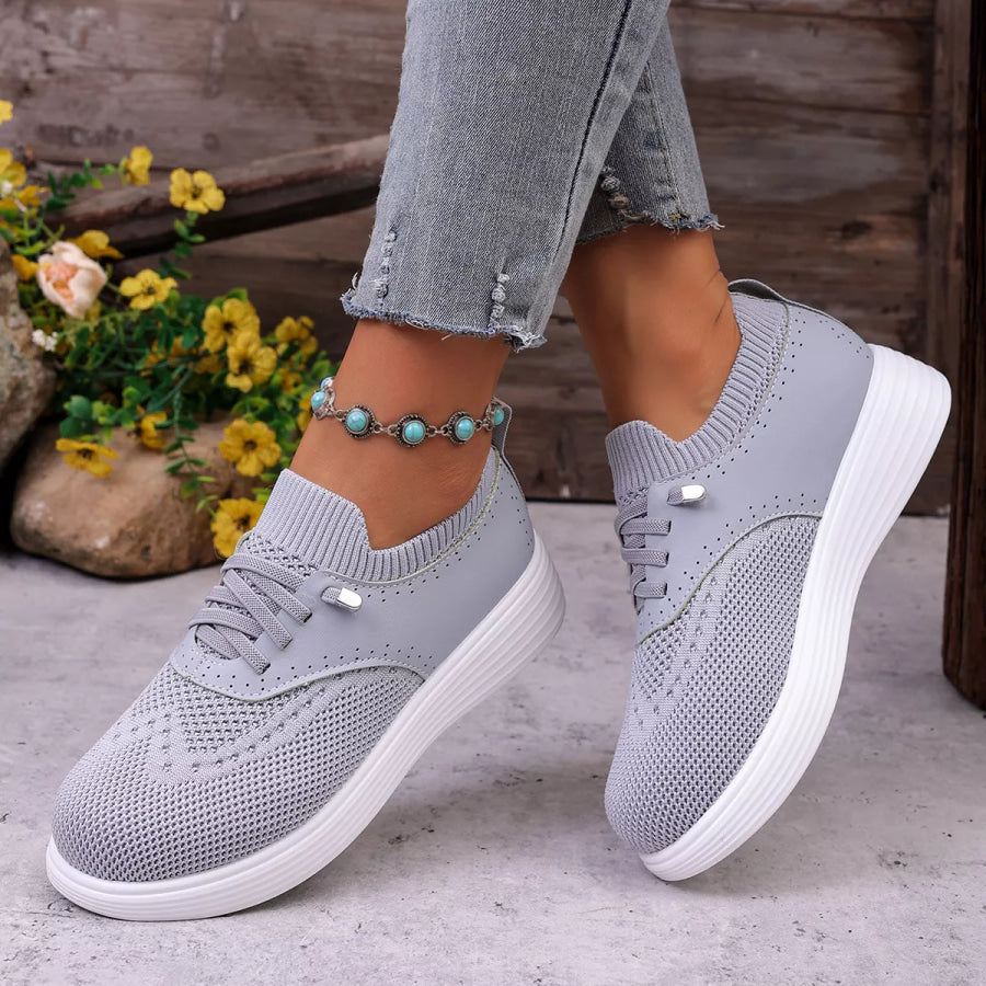 Round Toe Lace Up Sneakers Grey / 36 Apparel and Accessories