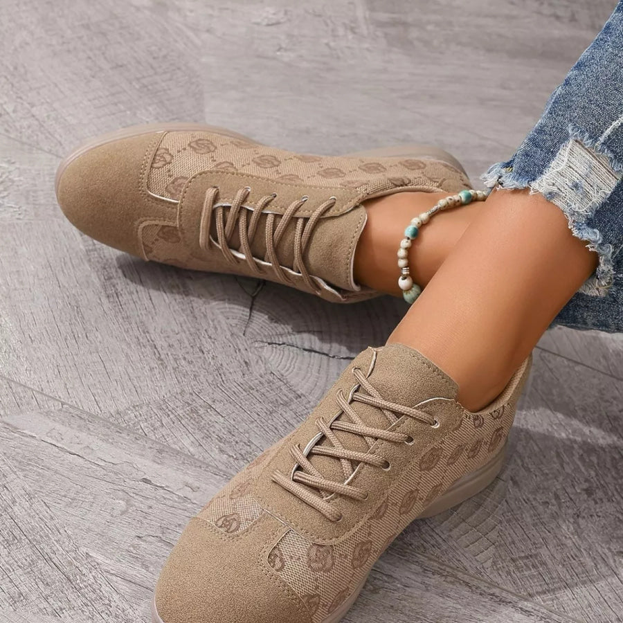 Round Toe Lace Up Sneakers Khaki / 35 Apparel and Accessories