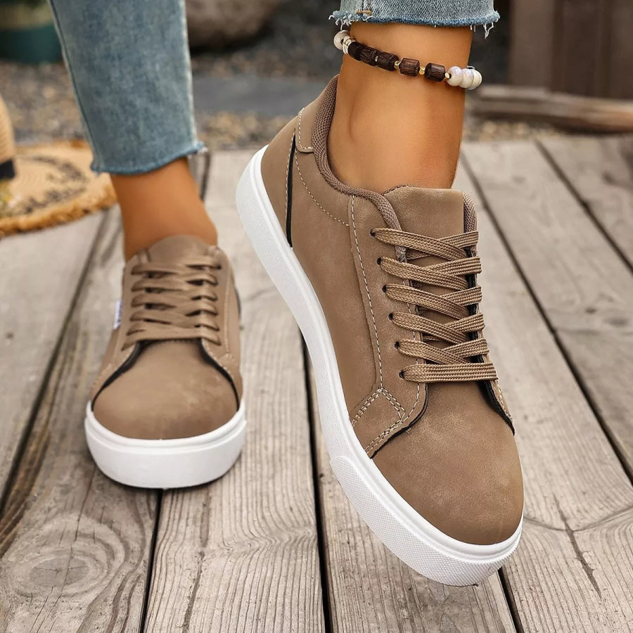 Round Toe Lace Up Sneakers Khaki / 35 Apparel and Accessories