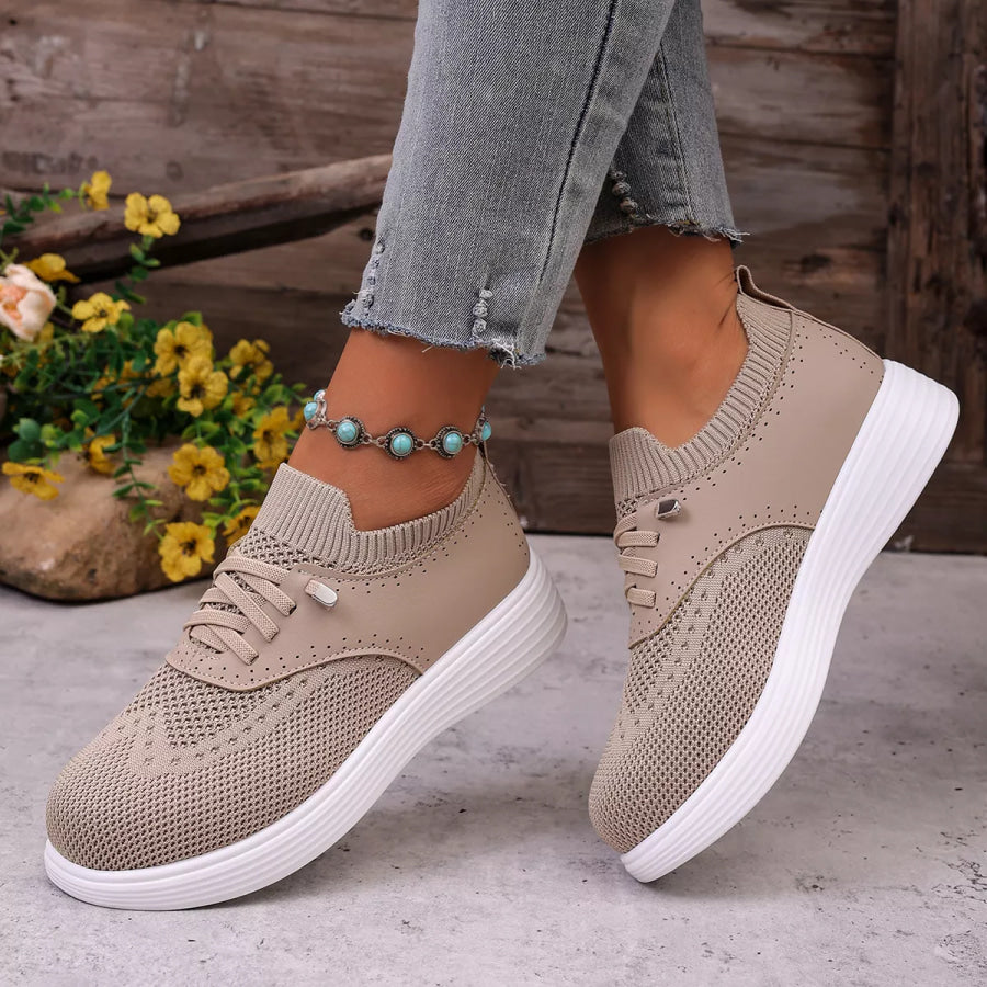 Round Toe Lace Up Sneakers Khaki / 36 Apparel and Accessories