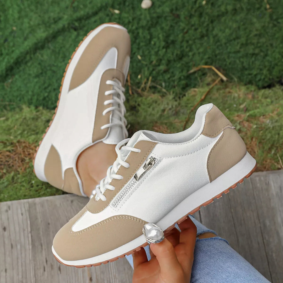 Round Toe Lace Up Sneakers Khaki / 36 Apparel and Accessories