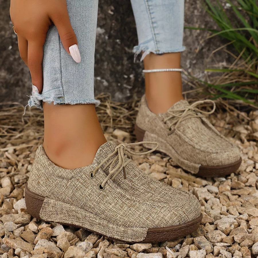 Round Toe Lace-Up Sneakers Khaki / 36 Apparel and Accessories