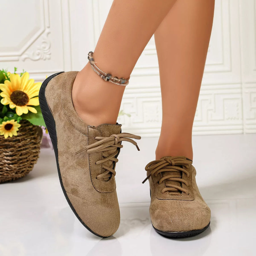 Round Toe Lace Up Sneakers Khaki Color / 36 Apparel and Accessories