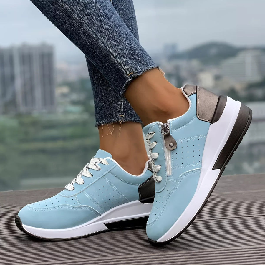 Round Toe Lace Up Sneakers Navy Blue / 36 Apparel and Accessories