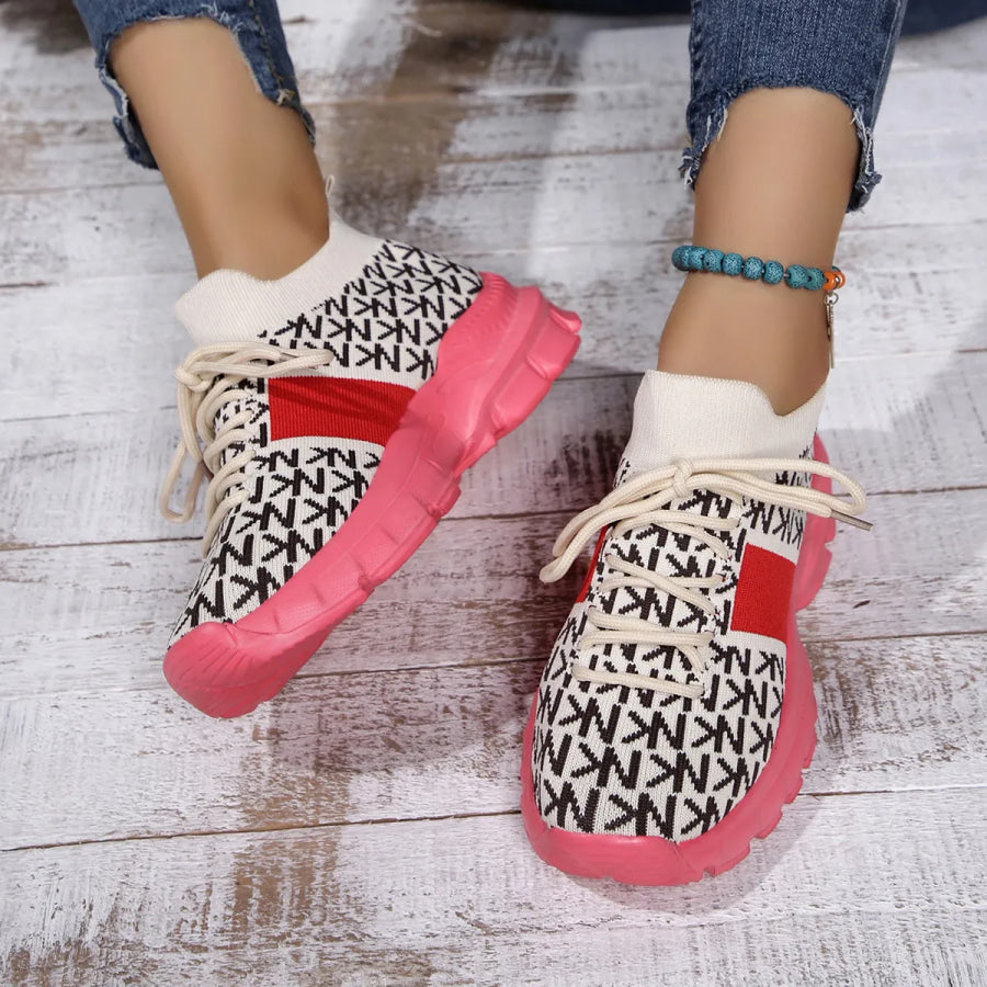 Round Toe Lace Up Sneakers Off-white / 35 Apparel and Accessories