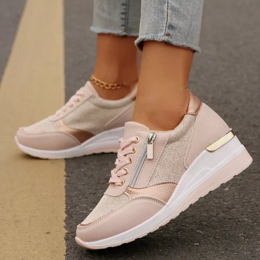 Round Toe Lace Up Sneakers Pink / 37 Apparel and Accessories
