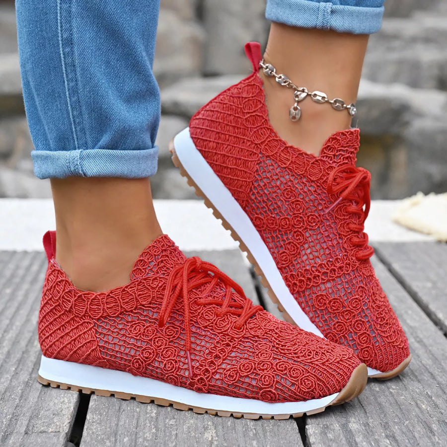 Round Toe Lace Up Sneakers Red / 36 Apparel and Accessories