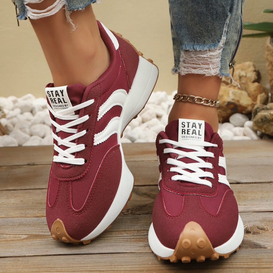 Round Toe Lace Up Sneakers Red / 36 Apparel and Accessories
