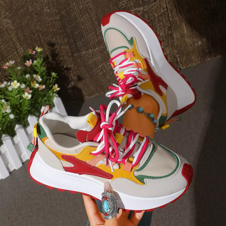 Round Toe Lace Up Sneakers Red / 36 Apparel and Accessories