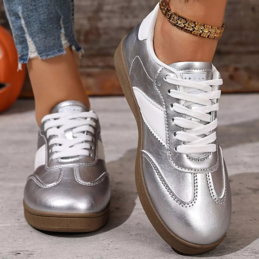 Round Toe Lace Up Sneakers Silver / 35 Apparel and Accessories